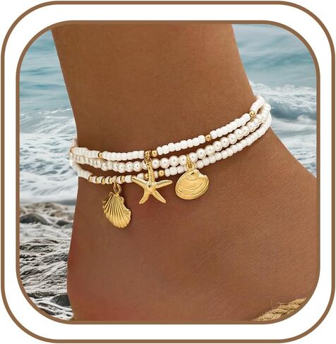 Anklet Bracelets for Women Boho Beaded Layered Ankle Bracelets Stack Summer Beach Waterproof Jewelry in Saudi Arabia
