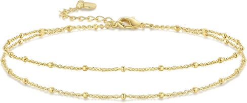 14K Gold Anklets for Women 14K Gold Ankle Bracelets for Women Gold Anklet Bracelets for Womens Layered Design for Natural Depth Layered Anklets for Womens 9.4in+1.6in in Saudi Arabia