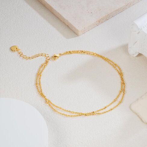 14K Gold Anklets for Women 14K Gold Ankle Bracelets for Women Gold Anklet Bracelets for Womens Layered Design for Natural Depth Layered Anklets for Womens 9.4in+1.6in in Saudi Arabia