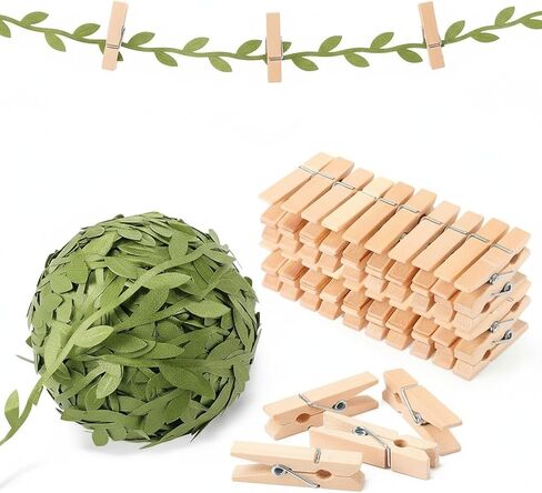 1.35 Inch Mini Clothespins Wooden, 50 Pcs Small Clothespins for Photo, Baby Shower, Crafts, Cocktail with 33 Ft Leaf Ribbon for Hanging Display, Natural Wood Tiny Clothes Pins, Decorative Wooden Clips in Kuwait