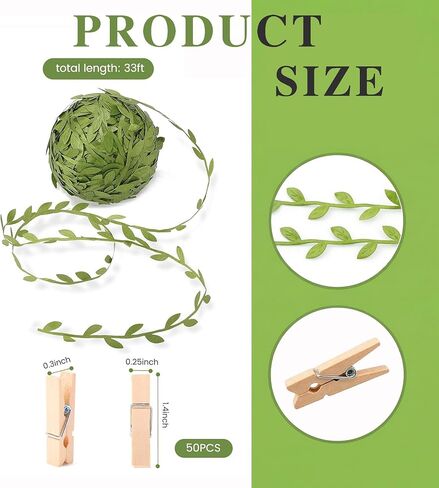 1.35 Inch Mini Clothespins Wooden, 50 Pcs Small Clothespins for Photo, Baby Shower, Crafts, Cocktail with 33 Ft Leaf Ribbon for Hanging Display, Natural Wood Tiny Clothes Pins, Decorative Wooden Clips in Kuwait