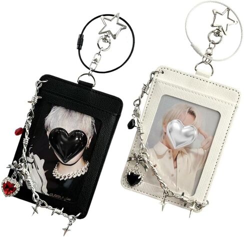 K-pop Photocard Holder Keychain with Punk Style Charms, Hard Protective Card Case,Chain Decoration, Black and White, 2 pcs in Kuwait