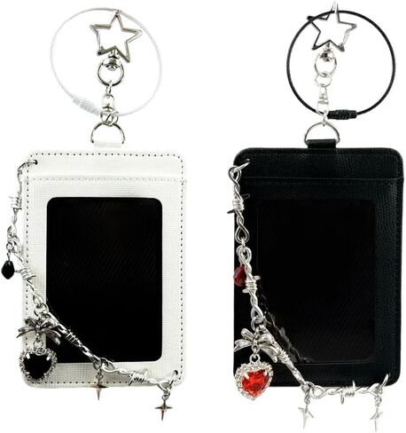 K-pop Photocard Holder Keychain with Punk Style Charms, Hard Protective Card Case,Chain Decoration, Black and White, 2 pcs in Kuwait