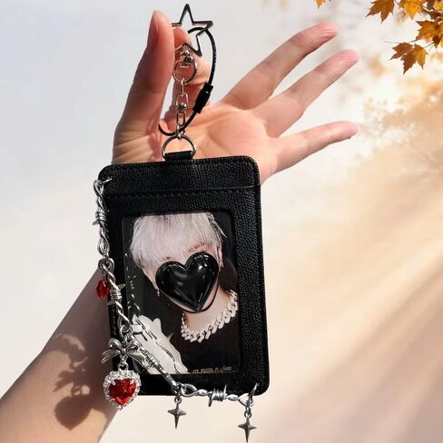 K-pop Photocard Holder Keychain with Punk Style Charms, Hard Protective Card Case,Chain Decoration, Black and White, 2 pcs in Kuwait