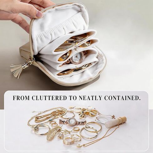 Travel Jewelry Case for Traveling with 6 Individual Pockets | PU Leather Jewelry Organizer with Zipper Portable Jewelry Pouch for Bracelets, Necklaces, Watches, Earrings, etc (CreamWhite) in Kuwait