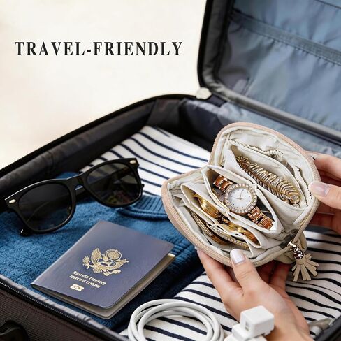 Travel Jewelry Case for Traveling with 6 Individual Pockets | PU Leather Jewelry Organizer with Zipper Portable Jewelry Pouch for Bracelets, Necklaces, Watches, Earrings, etc (CreamWhite) in Kuwait
