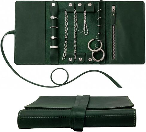 Leather Jewelry Roll – Genuine Leather Jewelry Storage Case with Strap Closure, Compact Jewelry Holder for Rings, Earrings & Necklaces, Travel Jewelry Organizer (Jewelry Not Included), Green in Saudi Arabia