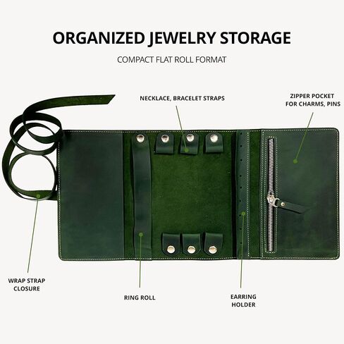 Leather Jewelry Roll – Genuine Leather Jewelry Storage Case with Strap Closure, Compact Jewelry Holder for Rings, Earrings & Necklaces, Travel Jewelry Organizer (Jewelry Not Included), Green in Saudi Arabia