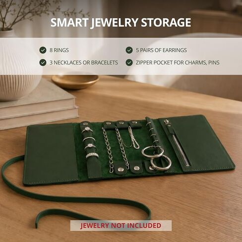 Leather Jewelry Roll – Genuine Leather Jewelry Storage Case with Strap Closure, Compact Jewelry Holder for Rings, Earrings & Necklaces, Travel Jewelry Organizer (Jewelry Not Included), Green in Saudi Arabia