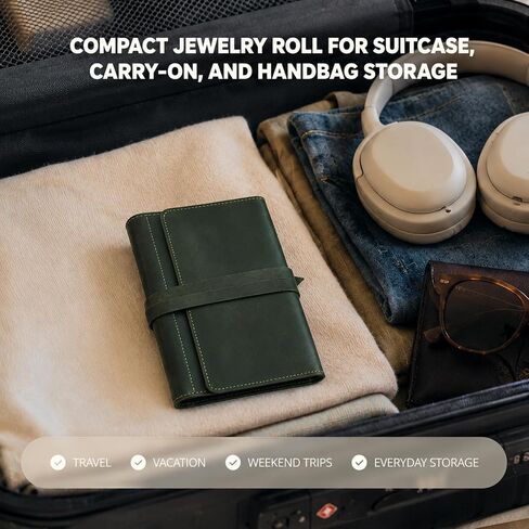Leather Jewelry Roll – Genuine Leather Jewelry Storage Case with Strap Closure, Compact Jewelry Holder for Rings, Earrings & Necklaces, Travel Jewelry Organizer (Jewelry Not Included), Green in Saudi Arabia