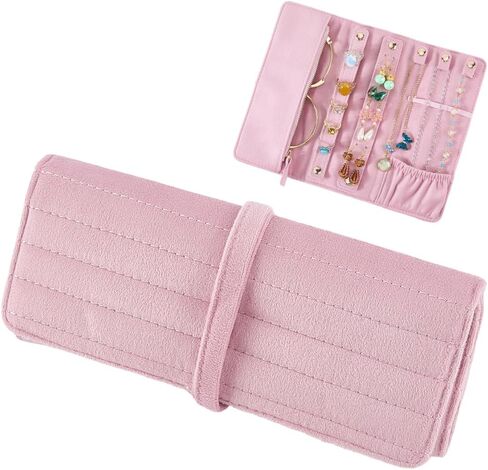 CREATCABIN Velvet Jewelry Roll Portable Jewelry Organizer Pink Foldable Necklace Ring Earrings Bracelet Displays Holder Storage Case Bags Pouch for Travel Multiple Necklaces 3.35 x 0.79 Inch in Kuwait
