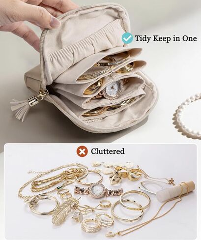 Small Travel Jewelry Case, Jewelry Pouch Bags with Zipper,Velvet Jewelry Organizer Storage Bag for Bracelet Rings Earring, Valentines Gifts for Women-Cream White in Saudi Arabia