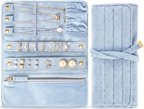 Tondiamo 1 Pcs Velvet Jewelry Roll Luxury Travel Jewelry Case for Ring Necklace Earring Bracelet Storage Bag Women Bridesmaid Gift (Navy Blue) in Kuwait