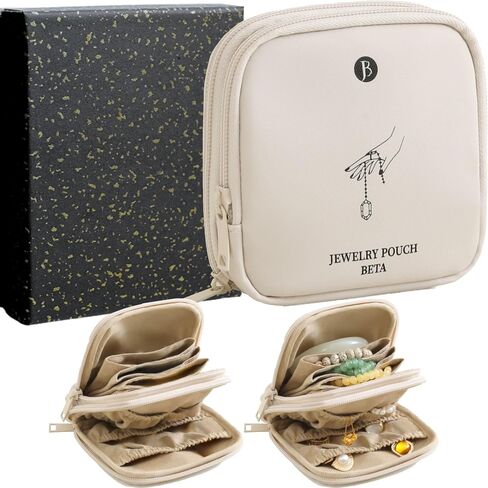 tianzong Small Travel Jewelry Case, Gift for Women, Tangle-Free Jewelry Pouch Bag with Gift Box, Waterproof PU Jewelry Organizer for Valuables (Beige, Double Zipper) in Saudi Arabia