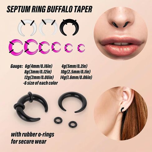Yolev 36Pcs Acrylic Septum Pincher Tapers 16G-6G Septum Stretching Kit with Black O-Rings Spike Horseshoe C Shape Buffalo Pincher Septum Gauge Kit Rings Ear Cartilage Nose Stretch Kits for Women Men in Kuwait