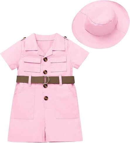 ODASDO Jungle Safari Outfit For Kids Baby Girls Boys, Toddlers Zoo Keeper Suit, Short Sleeve Jumpsuit with Hat Set 0-5 Years in Kuwait
