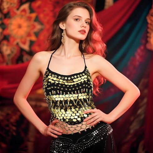 Belly Dance Top, Sequin Halter Costume with Built-in Padding for Performances in Saudi Arabia