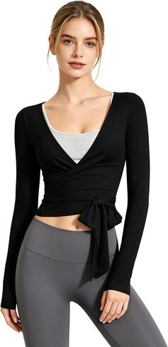 Women Ballet Wrap Top Long Sleeve Workout Cross Tie Front Y2k Shirt Yoga Pilates Dance V Neck Tops Fit Casual Blouse in Saudi Arabia