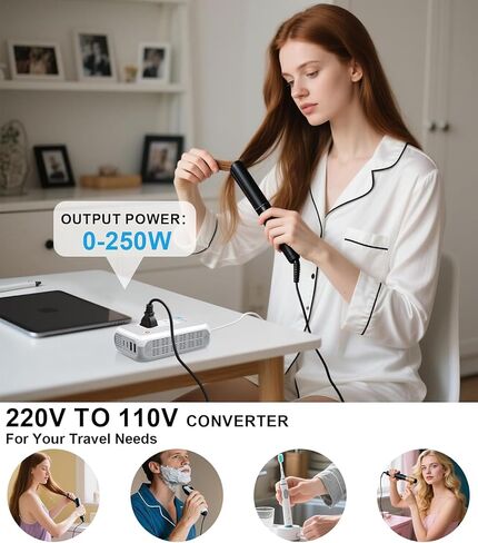 Voltage Converter US to Europe for Curling Iron and Hair Straighteners, 220V to 110V Converter for European Travel Plug Adapter with 2 USB A & 2 USB C Ports (White) in Saudi Arabia
