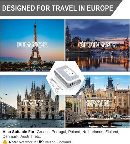 Voltage Converter US to Europe for Curling Iron and Hair Straighteners, 220V to 110V Converter for European Travel Plug Adapter with 2 USB A & 2 USB C Ports (White) in Saudi Arabia