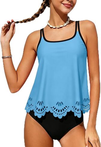 Girls Swimsuit Tankini Two Piece,Color-Block Square Neckline Girls Bathing Suit 9-16Y in Saudi Arabia