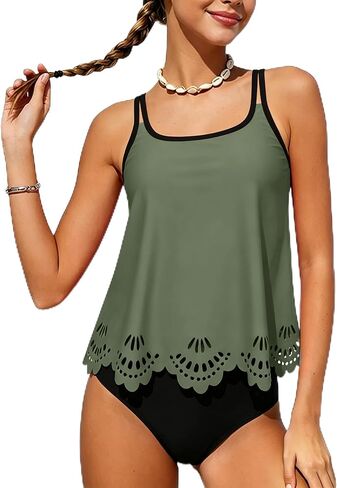 Girls Swimsuit Tankini Two Piece,Color-Block Square Neckline Girls Bathing Suit 9-16Y in Kuwait