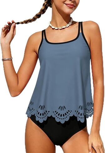 Girls Swimsuit Tankini Two Piece,Color-Block Square Neckline Girls Bathing Suit 9-16Y in Kuwait