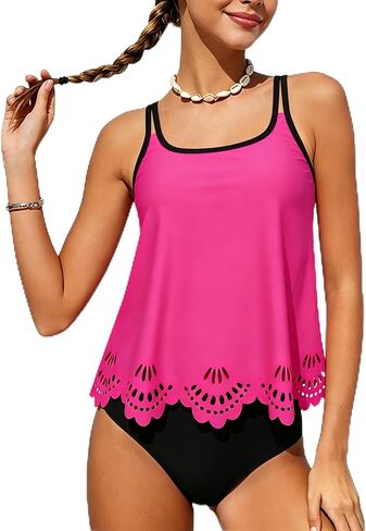 Girls Swimsuit Tankini Two Piece,Color-Block Square Neckline Girls Bathing Suit 9-16Y in Kuwait