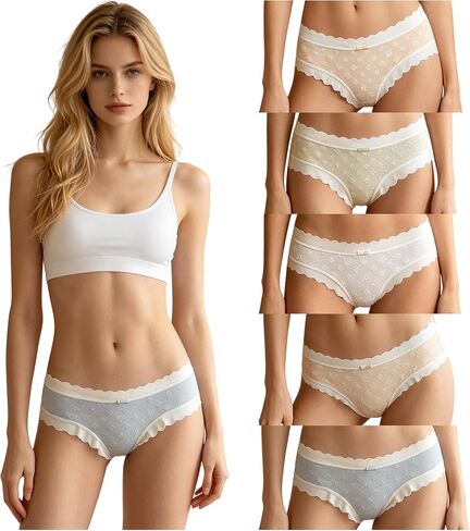 Cute Bow Cotton Womens Underwear for Women 5 Packs Panties Kawaii Ruffled Solid Color Japanese-Style in Kuwait
