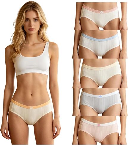 Cute Cotton Womens Underwear for Women 6 Packs Panties Kawaii Stripes Solid Color Japanese-Style in Kuwait