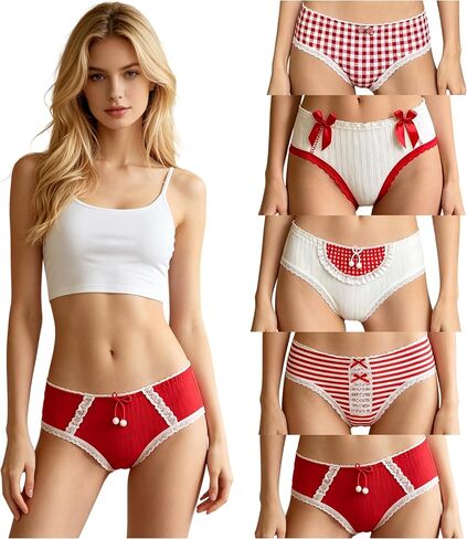 Cute Bow Cotton Womens Underwear for Women 5 Packs Panties Kawaii Lace Japanese-Style Stripes Plaid Lolita in Kuwait