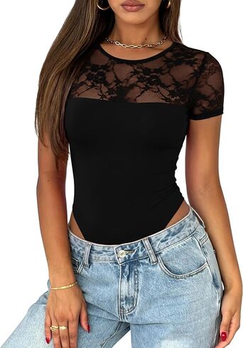 Saslax Women's Lace Bodysuit Crew Neck Short Sleeve Sheer Sexy Slim Fit Going Out Top for Concert Date Night Club in Saudi Arabia