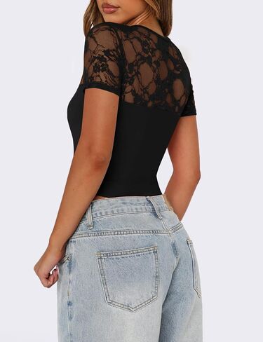 Saslax Women's Lace Bodysuit Crew Neck Short Sleeve Sheer Sexy Slim Fit Going Out Top for Concert Date Night Club in Saudi Arabia