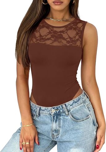 Saslax Women's Lace Bodysuit Crew Neck Short Sleeve Sheer Sexy Slim Fit Going Out Top for Concert Date Night Club in Saudi Arabia