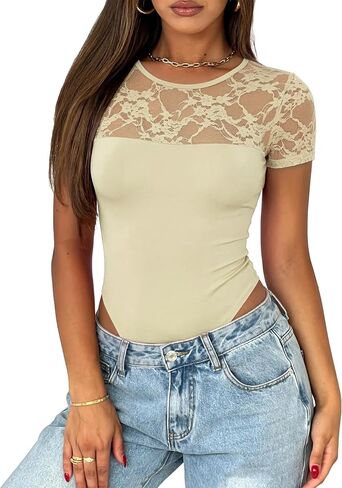 Saslax Women's Lace Bodysuit Crew Neck Short Sleeve Sheer Sexy Slim Fit Going Out Top for Concert Date Night Club in Saudi Arabia