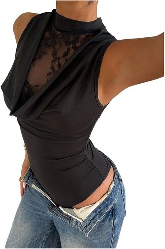 SweatyRocks Women's Sexy Lace Draped Mock Neck Bodysuit Ruched Sleeveless Party Night Out Leotard Tops in Kuwait