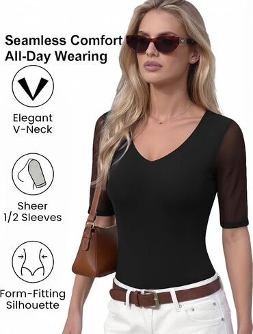 Avidlove Women's Plunge Deep V Neck Mesh Half Sleeves Bodysuit 3/4 Sleeve Sexy Body Suit Seamless Thong Going Out Tops in Kuwait