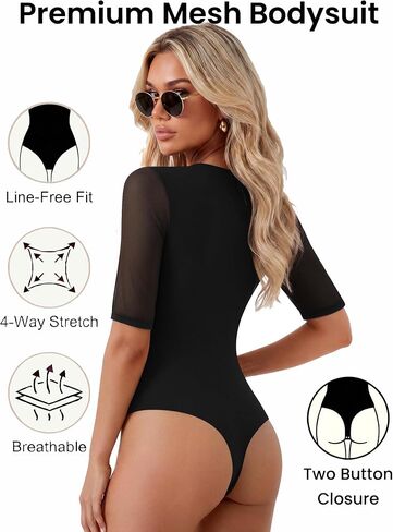 Avidlove Women's Plunge Deep V Neck Mesh Half Sleeves Bodysuit 3/4 Sleeve Sexy Body Suit Seamless Thong Going Out Tops in Kuwait