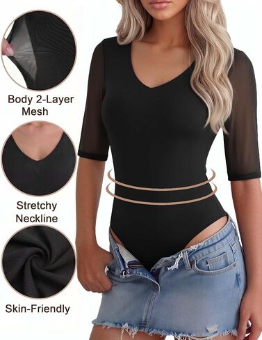 Avidlove Women's Plunge Deep V Neck Mesh Half Sleeves Bodysuit 3/4 Sleeve Sexy Body Suit Seamless Thong Going Out Tops in Kuwait
