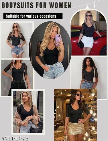 Avidlove Women's Plunge Deep V Neck Mesh Half Sleeves Bodysuit 3/4 Sleeve Sexy Body Suit Seamless Thong Going Out Tops in Kuwait