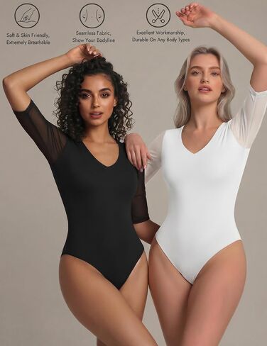 Avidlove Women's Plunge Deep V Neck Mesh Half Sleeves Bodysuit 3/4 Sleeve Sexy Body Suit Seamless Thong Going Out Tops in Kuwait