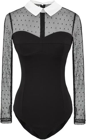 efvandoloe Women Contrast Collar Mesh Long Sleeve Bodysuit Polka Dot Tops with Snap Crotch Jumpsuits in Saudi Arabia