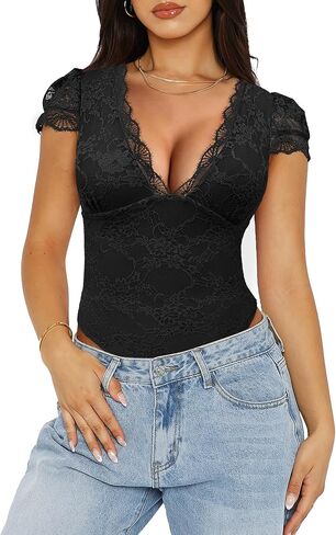 Saslax Women's Sexy Deep V Neck Lace Bodysuit Short Sleeve Double Lined Thong Body Suit for Going Out Date Night Club in Saudi Arabia