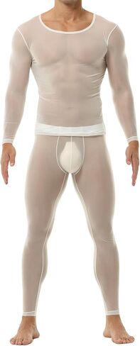 SEAUR Men's Ice Silk See Through Suit Long Sleeve and Leggings Tights Sheer Ultra Thin Set in Kuwait