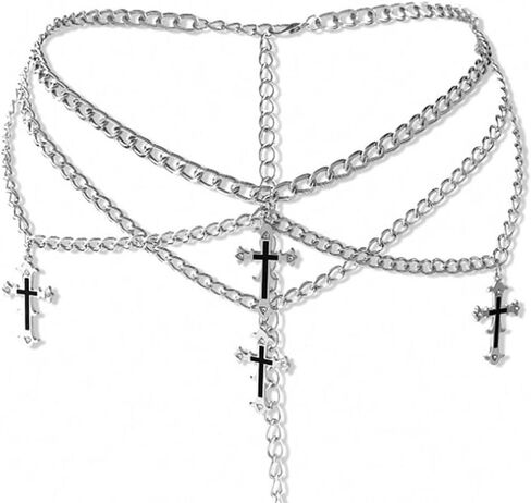 Cross Waist Chain Belt - Punk Gothic Crossover Body Belly Chains Tassel for Women Girl (Silver) (cross3) (Cross 1) in Saudi Arabia
