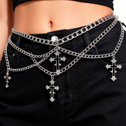 Cross Waist Chain Belt - Punk Gothic Crossover Body Belly Chains Tassel for Women Girl (Silver) (cross3) (Cross 1) in Saudi Arabia