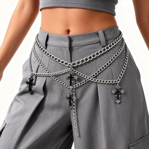 Cross Waist Chain Belt - Punk Gothic Crossover Body Belly Chains Tassel for Women Girl (Silver) (cross3) (Cross 1) in Saudi Arabia