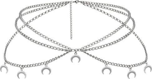 Sacina Goth Y2K Crescent Moon Chain Belt for Women – Adjustable Silver-tone Waist Chain, Punk Emo Grunge Aesthetic Body Jewelry in Kuwait