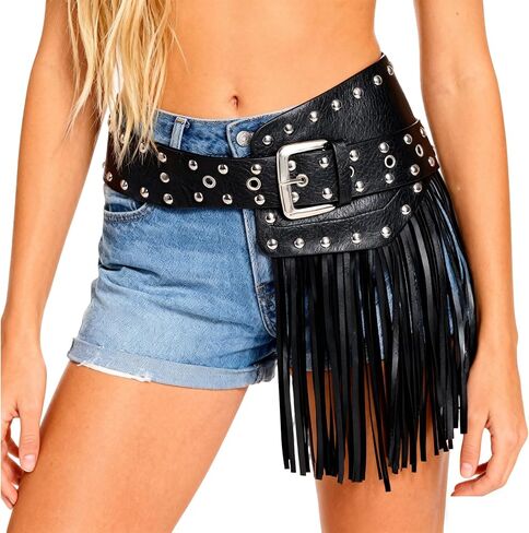 haozaikeji Women Punk Fringe Waist Belt Black Faux Leather Tassel Belt Gothic Caged Belts for Rave Cosplay Costume in Kuwait