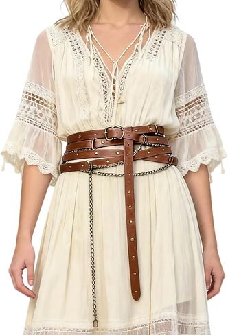 Medieval Belt Women, Leather Renaissance Belt Women, Retro Adjustable Thin Metal Chain Belts for Dress, Party, Festival, Cosplay (Brown) in Saudi Arabia